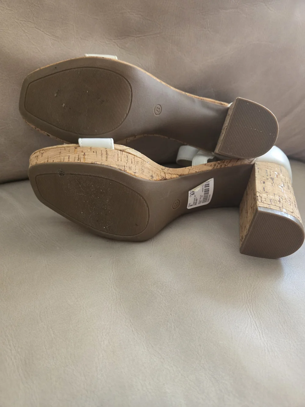White Cork Block Heel Sandals with Velcro Ankle Strap